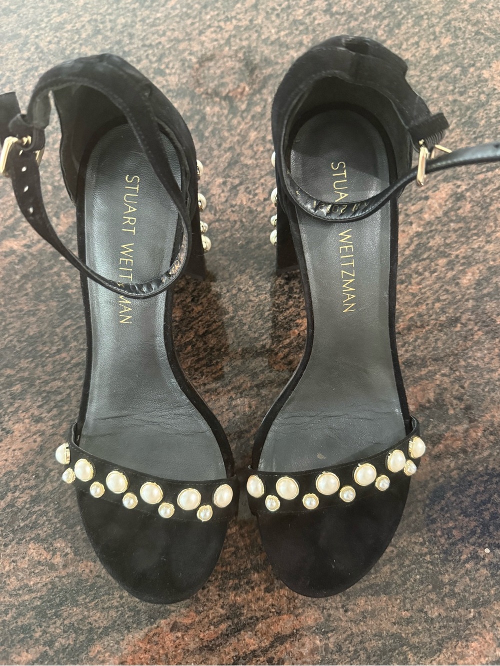 Stuart Weitzman Black Suede Pearl-Stud Ankle-Strap Heels